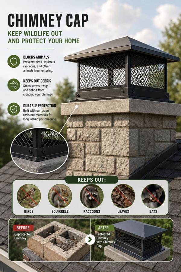 Chimney cap infographic: keeps birds, squirrels, raccoons, leaves, and bats out of the chimney