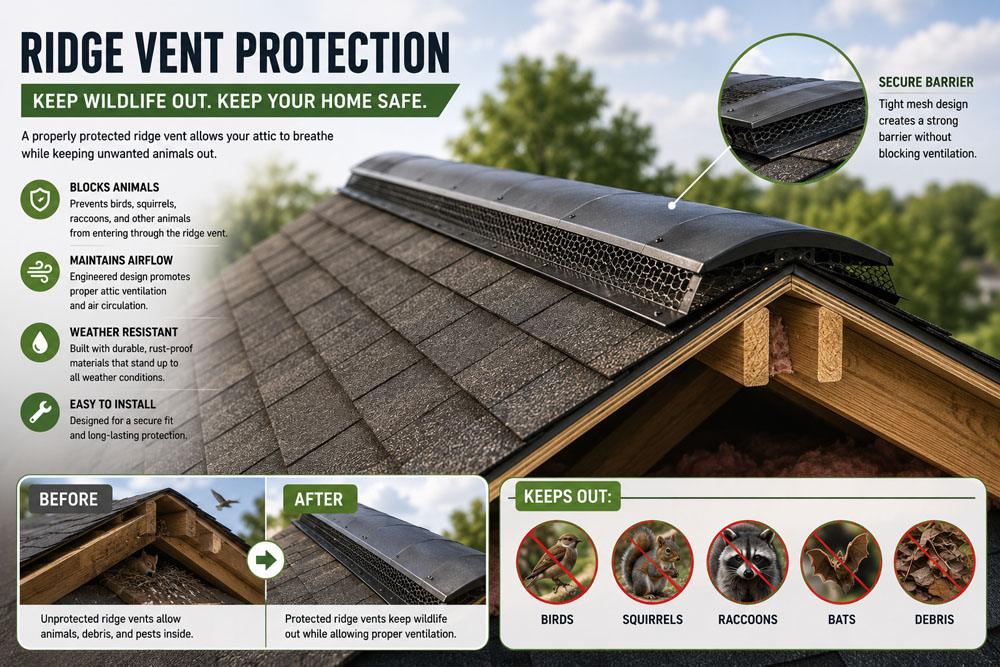 Ridge vent protection infographic: blocks animals from entering through the roof peak vent