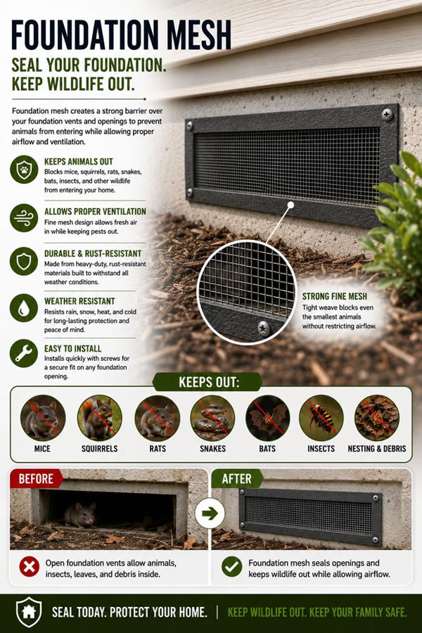 Foundation mesh infographic: seals foundation vents and openings against rodents and snakes