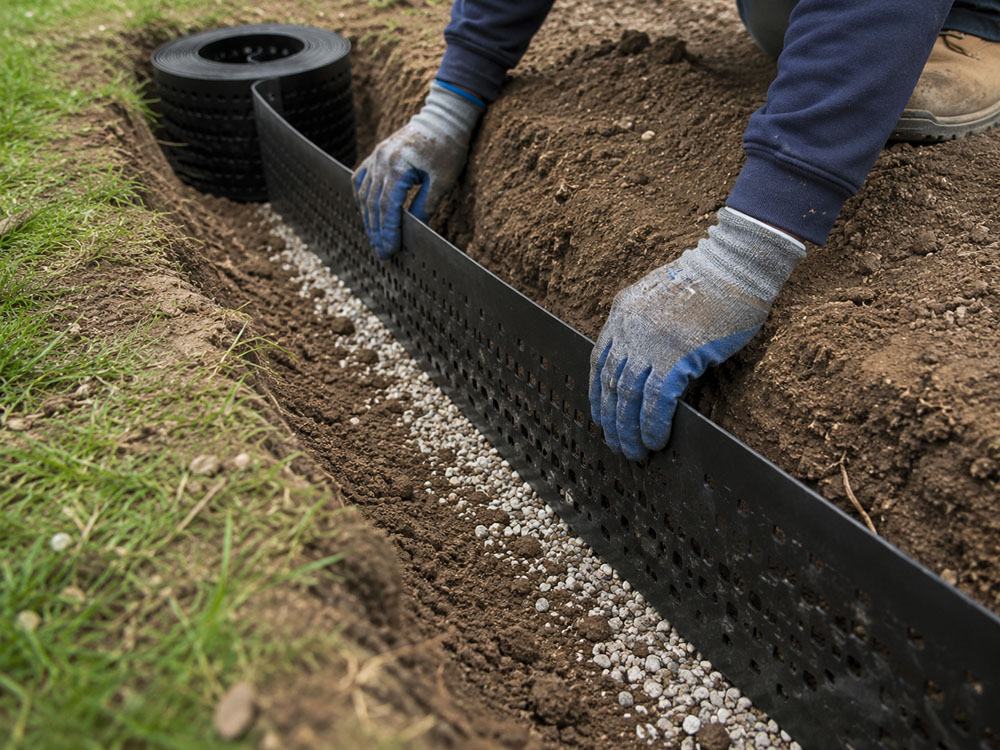 Crew installing a buried dig-barrier along a trench beside the lawn