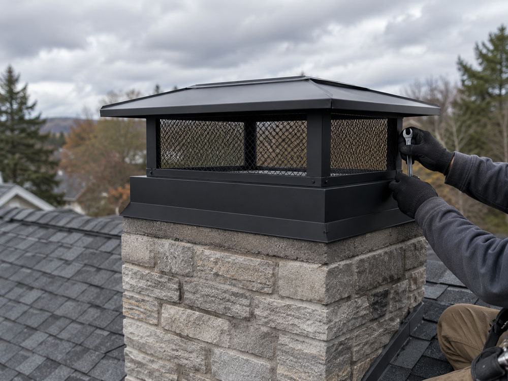 Technician fastening a custom black chimney cap on a stone chimney