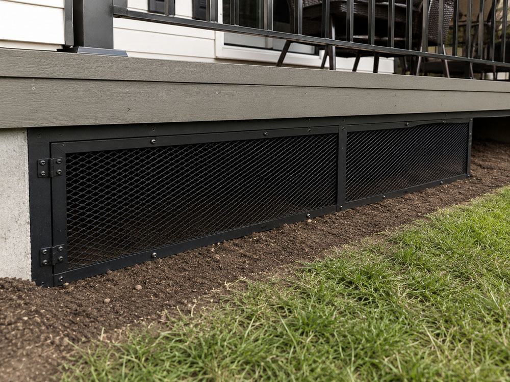 Framed mesh screening enclosure installed under a deck