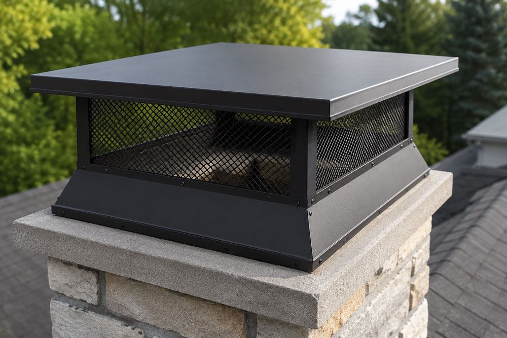 Fabricated black chimney cap with diamond mesh sides on a stone chimney