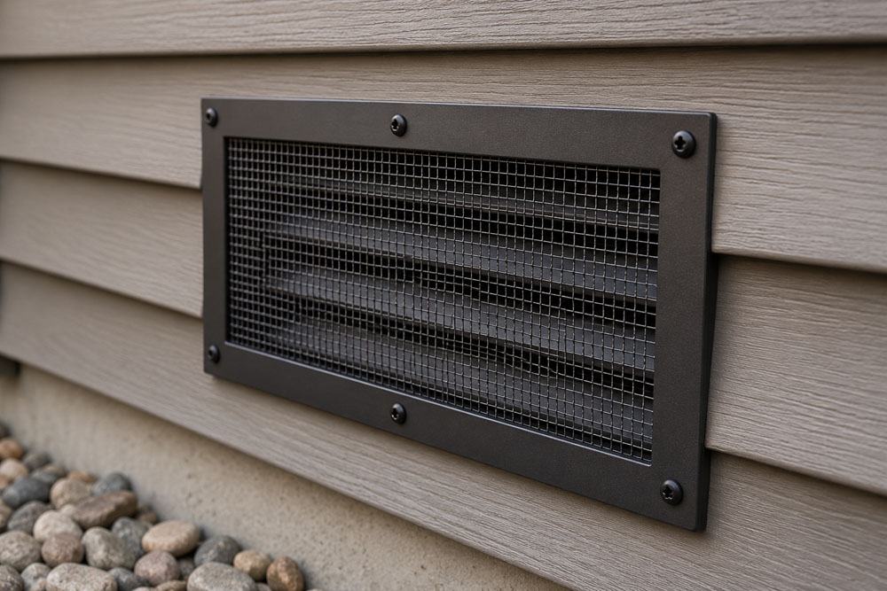 Black vent guard with fine mesh screen installed over a wall vent