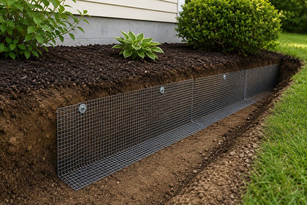 Galvanized dig-defense mesh barrier installed in a trench along a foundation